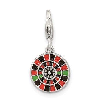 Amore La Vita Sterling Silver Rhodium-plated Polished Antiqued Enameled Reversible Las Vegas Roulette Charm with Fancy Lobster Clasp