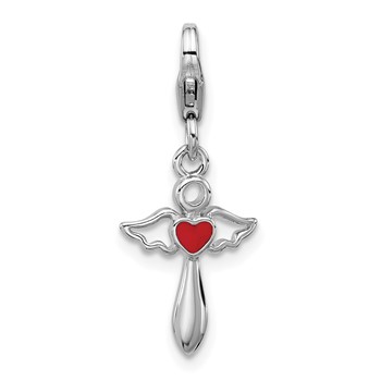 Amore La Vita Sterling Silver Rhodium-plated Angel Holding Red Enameled Heart Charm with Fancy Lobster Clasp
