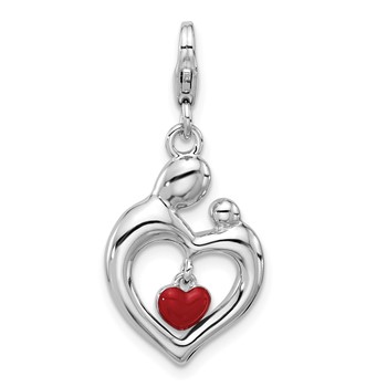Amore La Vita Sterling Silver Rhodium-plated Mother and Baby Making Heart Shape Holding a Red Enameled Dangle Heart Charm with Fancy Lobster Clasp