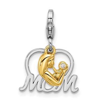 Amore La Vita Sterling Silver Rhodium and Gold-plated Mother Holding Child with CZ Inside Heart with MOM Charm with Fancy Lobster Clasp