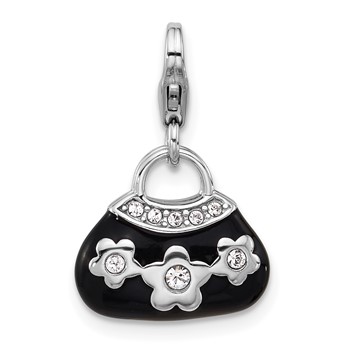 Amore La Vita Sterling Silver Rhodium-plated 3-D Black Enameled Purse with Flowers and White Crystal On Bag Charm with Fancy Lobster Clap
