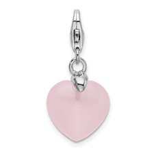 Image of Amore La Vita Sterling Silver Rhodium-plated Polished 3-D Rose Quartz Heart Charm with Fancy Lobster Clasp