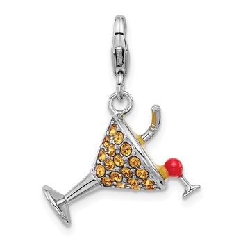 Amore La Vita Sterling Silver Rhodium-plated Yellow Crystal Martini Glass with Red and Yellow Enameled Toppings and Straw Charm with Fancy Lobster Clasp