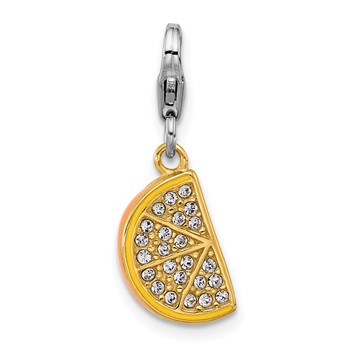 Amore La Vita Sterling Silver Rhodium and Gold-plated Yellow Enameled Orange Slice with White Crystal Charm with Fancy Lobster Clasp