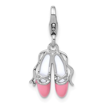 Amore La Vita Sterling Silver Rhodium-plated Pink and White Enameled Ballet Shoes Charm with Fancy Lobster