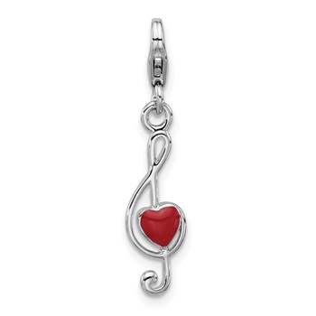 Amore La Vita Sterling Silver Rhodium-plated Treble Clef with Red Enameled Heart Inside Charm with Fancy Lobster Clasp