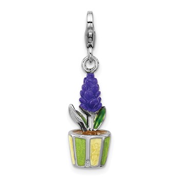 Amore La Vita Sterling Silver Rhodium-plated 3-D Purple Enameled Hyacinth Flower in Green and Yellow Enameled Flower Pot Charm with Fancy Lobster Clasp