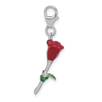 Amore La Vita Sterling Silver Rhodium-plated 3-D Red and Green Enameled Rose Charm with Fancy Lobster Clasp — alternate view