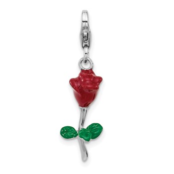 Amore La Vita Sterling Silver Rhodium-plated 3-D Red and Green Enameled Rose Charm with Fancy Lobster Clasp