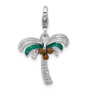 Amore La Vita Sterling Silver Rhodium-plated 3-D Green and Brown Enameled Palm Tree Coconuts Charm with Fancy Lobster Clasp