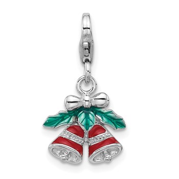 Amore La Vita Sterling Silver Rhodium-plated Red Enameled Christmas Bells with Green Enameled Leaves on Top Charm with Fancy Lobster Clasp
