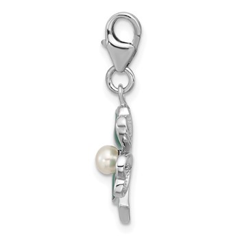 Amore La Vita Sterling Silver Rhodium-plated Green Enameled 4 Leaf Clover with Freshwater Cultured Pearl Charm with Fancy Lobster Clasp — alternate view