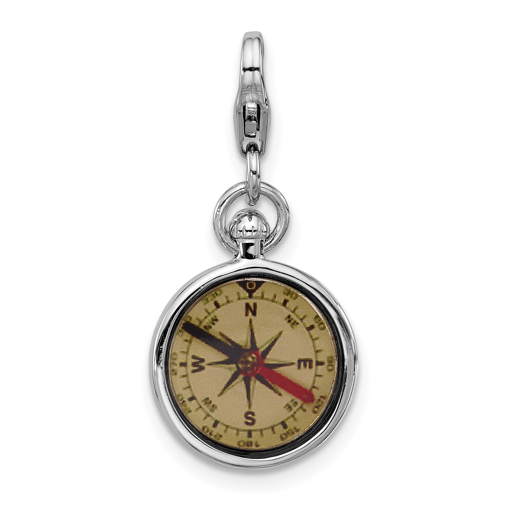 Amore La Vita Sterling Silver Rhodium-plated 3-D Reversible Black/Red and White Enameled Compass Charm with Fancy Lobster Clasp
