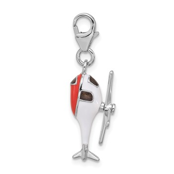 Amore La Vita Sterling Silver Rhodium-plated 3-D Moveable White/Black and Orange Enameled Helicopter Charm with Fancy Lobster Clasp — alternate view
