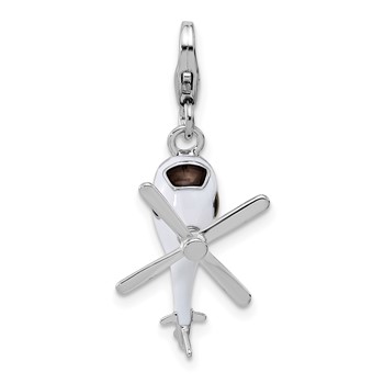 Amore La Vita Sterling Silver Rhodium-plated 3-D Moveable White/Black and Orange Enameled Helicopter Charm with Fancy Lobster Clasp