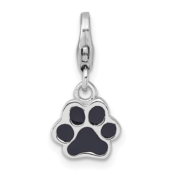 Sterling Silver Amore La Vita Rhodium-plated Polished with Black Enamel Paw Print with Lobster Clasp Charm