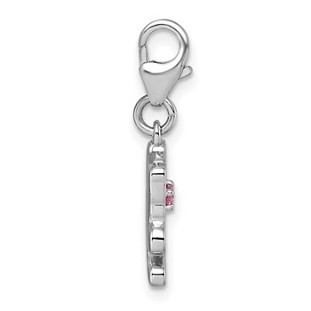 Sterling Silver Amore La Vita Rhodium-plated White Enameled Cat with Pink CZ Charm with Lobster Clasp — alternate view