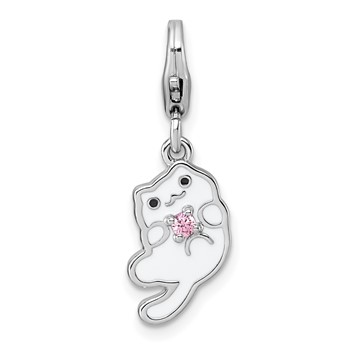 Sterling Silver Amore La Vita Rhodium-plated White Enameled Cat with Pink CZ Charm with Lobster Clasp