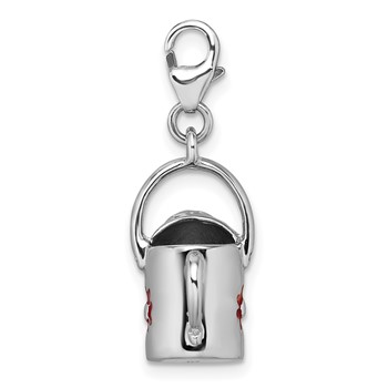 Sterling Silver Amore La Vita Rhodium-plated 3D Red Enameled Flower on Watering Can Charm with Lobster Clasp — alternate view