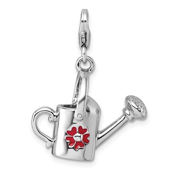 Sterling Silver Amore La Vita Rhodium-plated 3D Red Enameled Flower on Watering Can Charm with Lobster Clasp