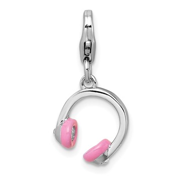 Sterling Silver Amore La Vita Rhodium-plated 3D Pink Enamel and Swarovski Crystal Headphones Charm with Lobster Clasp