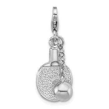 Sterling Silver Amore La Vita Rhodium-plated 3D Textured Ping Pong Paddle and Ball Charm with Lobster Clasp