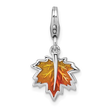 Sterling Silver Amore La Vita Rhodium-plated Orange Enameled Leaf Charm with Lobster Clasp