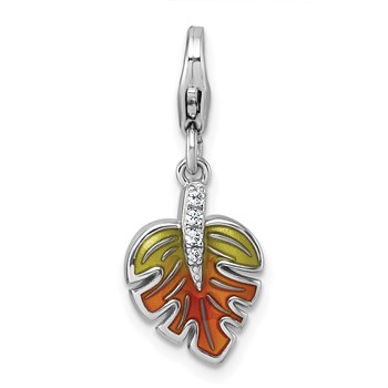 Sterling Silver Amore La Vita Rhodium-plated 3D Green and Orange Enameled with CZ Leaf Charm with Lobster Clasp