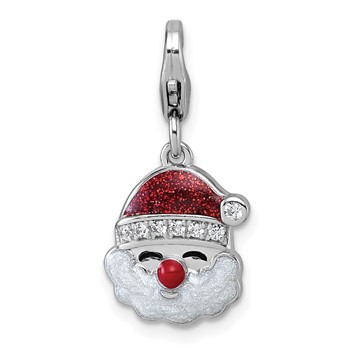 Sterling Silver Amore La Vita Rhodium-plated Red and White Glitter Enameled with CZ Santa Charm with Lobster Clasp
