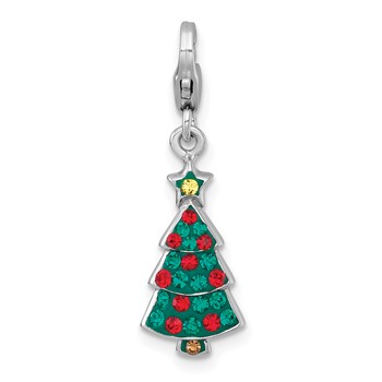 Sterling Silver Amore La Vita Rhodium-plated Polished Green/Red/Yellow Crystal Christmas Tree Charm