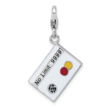 Sterling Silver Amore La Vita Rhodium-plated White/Black/Red/Yellow Enameled No Limit Credit Card Charm with Lobster Clasp