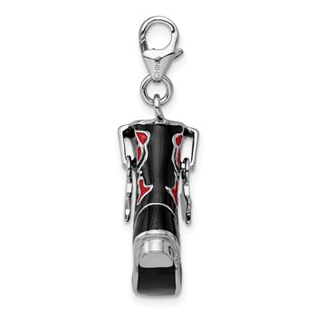 Amore La Vita Sterling Silver Rhodium-plated Polished 3-D Black Red Enameled Cowboy Boot Charm with Fancy Lobster Clasp — alternate view
