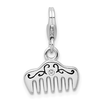 Amore La Vita Sterling Silver Rhodium-plated Polished 3-D Crystal and Enameled Comb Charm with Fancy Lobster Clasp