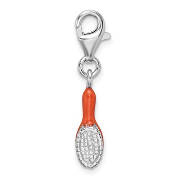Amore La Vita Sterling Silver Rhodium-plated Polished 3-D Orange Enameled Hair Brush Charm with Fancy Lobster Clasp — alternate view