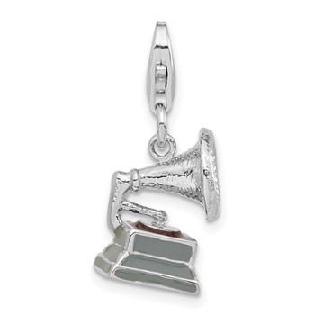 Sterling Silver 3-D Polished Enameled Phonograph w/ Lobster Clasp Charm — alternate view