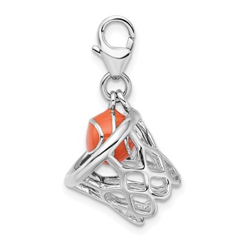 Amore La Vita Sterling Silver Rhodium-plated Polished 3-D Moveable Enameled Basketball in Net Charm with Fancy Lobster Clasp — alternate view