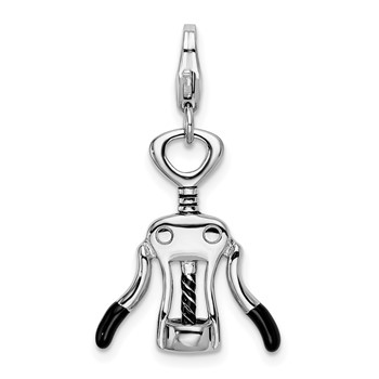 Amore La Vita Sterling Silver Rhodium-plated Polished 3-D Enameled Cork Screw Charm with Fancy Lobster Clasp