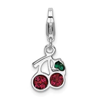 Sterling Silver Rhodium-plated Crystal Cherries w/Lobster Clasp Charm
