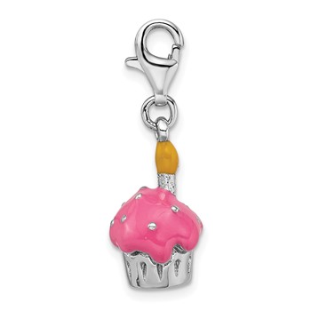 Amore La Vita Sterling Silver Rhodium-plated Polished 3-D Enameled Cupcake and Candle Charm with Fancy Lobster Clasp — alternate view