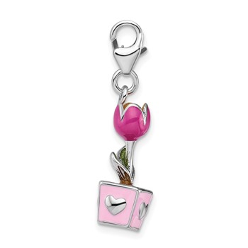 Amore La Vita Sterling Silver Rhodium-plated Polished 3-D Pink Enameled Potted Tulip Charm with Fancy Lobster Clasp — alternate view