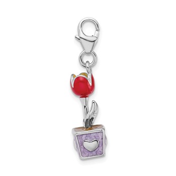 Amore La Vita Sterling Silver Rhodium-plated Polished 3-D Red Enameled Potted Tulip Flower Charm with Fancy Lobster Clasp — alternate view