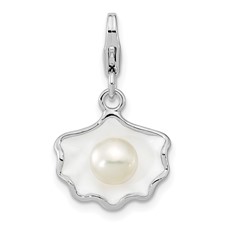 Image of Amore La Vita Sterling Silver Rhodium-plated Polished 3-D Enameled Shell with a Freshwater Cultured Pearl Charm with Fancy Lobster Clasp
