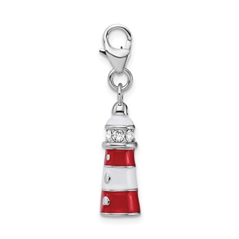 Amore La Vita Sterling Silver Rhodium-plated Polished 3-D Red Enameled Crystal Lighthouse Charm with Fancy Lobster Clasp — alternate view