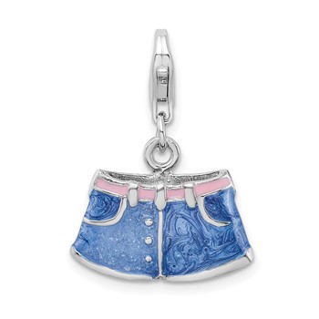 Amore La Vita Sterling Silver Rhodium-plated Polished 3-D Enameled Blue Jean Shorts Charm with Fancy Lobster Clasp