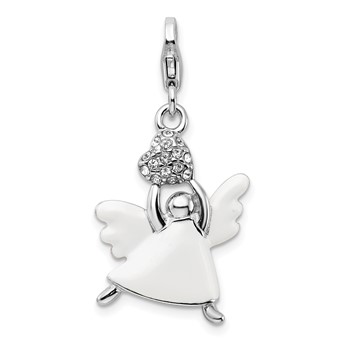 Amore La Vita Sterling Silver Rhodium-plated Polished 3-D White Enameled Crystal Angel Charm with Fancy Lobster Clasp