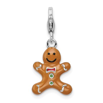 Amore La Vita Sterling Silver Rhodium-plated Polished 3-D Enameled Gingerbread Cookie Charm with Fancy Lobster Clasp