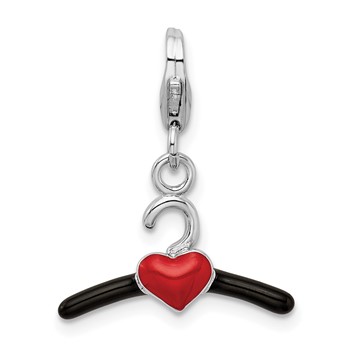 Amore La Vita Sterling Silver Rhodium-plated Polished 3-D Black and Red Enameled Heart Hanger Charm with Fancy Lobster Clasp