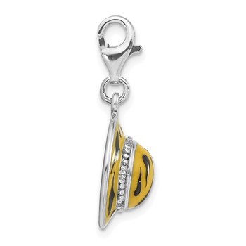 Sterling Silver 3-D Polished CZ Yellow/Black Enamel Tiger Hat Charm w/ Lobster Clasp — alternate view