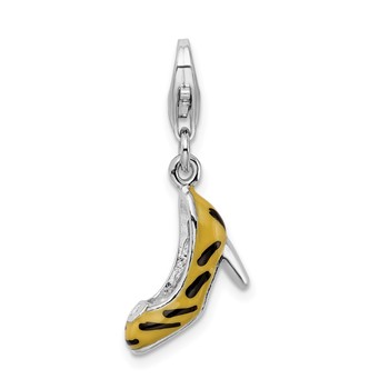 Amore La Vita Sterling Silver Rhodium-plated Polished 3-D CZ Enameled Tiger High Heel Charm with Fancy Lobster Clasp