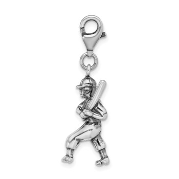 Amore La Vita Sterling Silver Rhodium-plated Polished 3-D Antiqued Baseball Player Charm with Fancy Lobster Clasp — alternate view